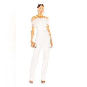 Off-Shoulder White Feather-Trim Straight-Leg Jumpsuit